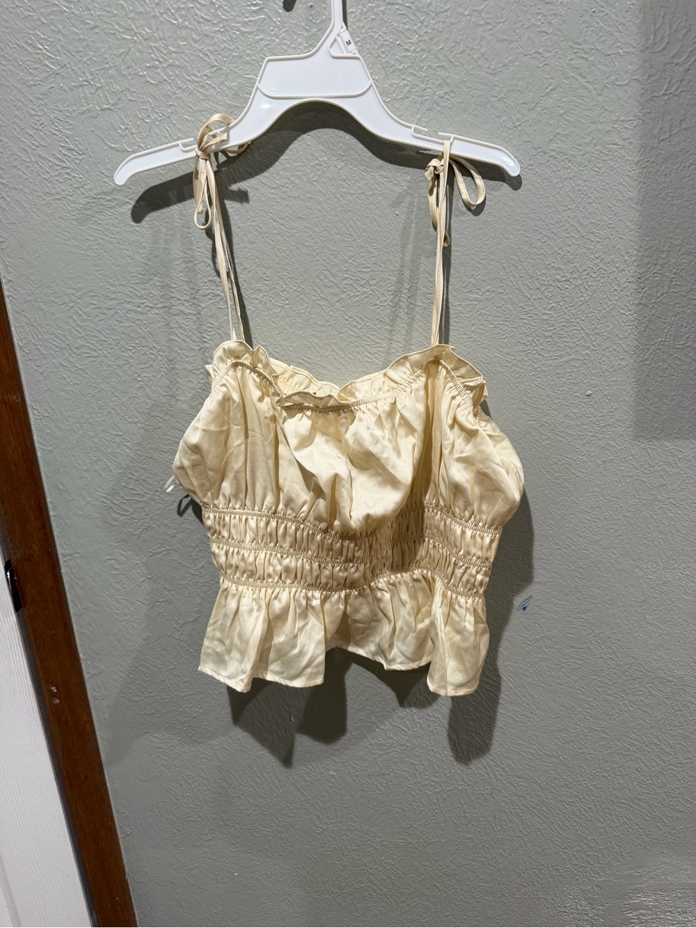 miami Cream Tie-Shoulder Smocked Ruffle Tank